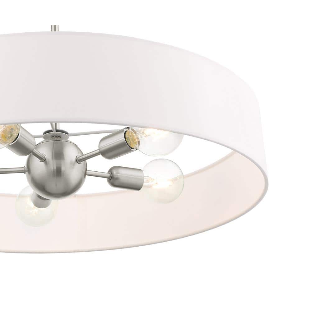 Elegant Brushed Nickel 5-Light Drum Pendant with Crystal Accents and Off-White Shade