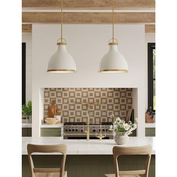 Lynk 100-Watt 1-Light Off-White Cream and Legacy Brass Cone Pendant Light with Etched Opal Glass Shade, No Bulb Included