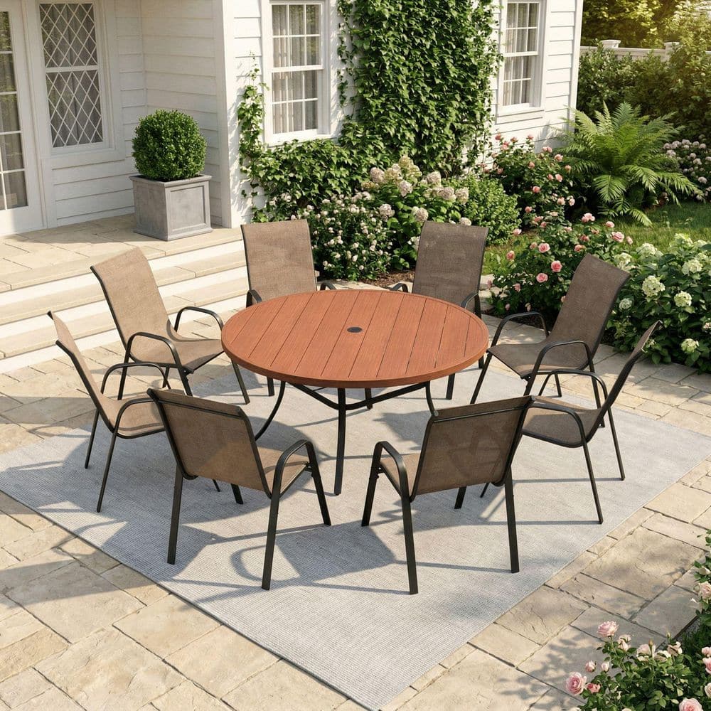 9-Piece Metal Outdoor Dining Set with 53 in. Walnut Round Patio Table and 8 Brown Stackable Textilene Chairs price history on PriceWatchPro