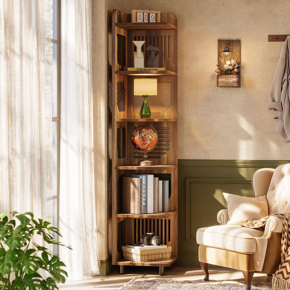 Eulas 71.9 in. Tall Yellow Wood 6-Shelf Standard Bookcase Storage Rack, Corner Display Bookshelf
