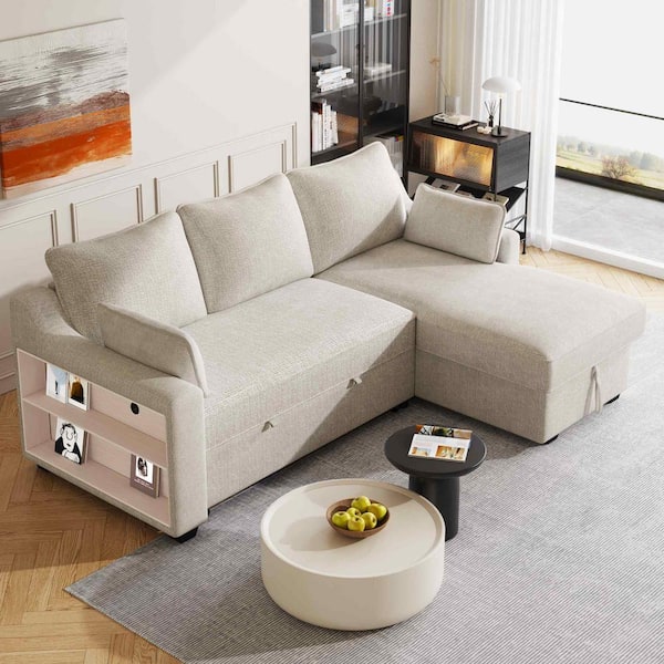 90 in. Square Arm Chenille L -Shaped Sofa with Storage Chaise in Beige