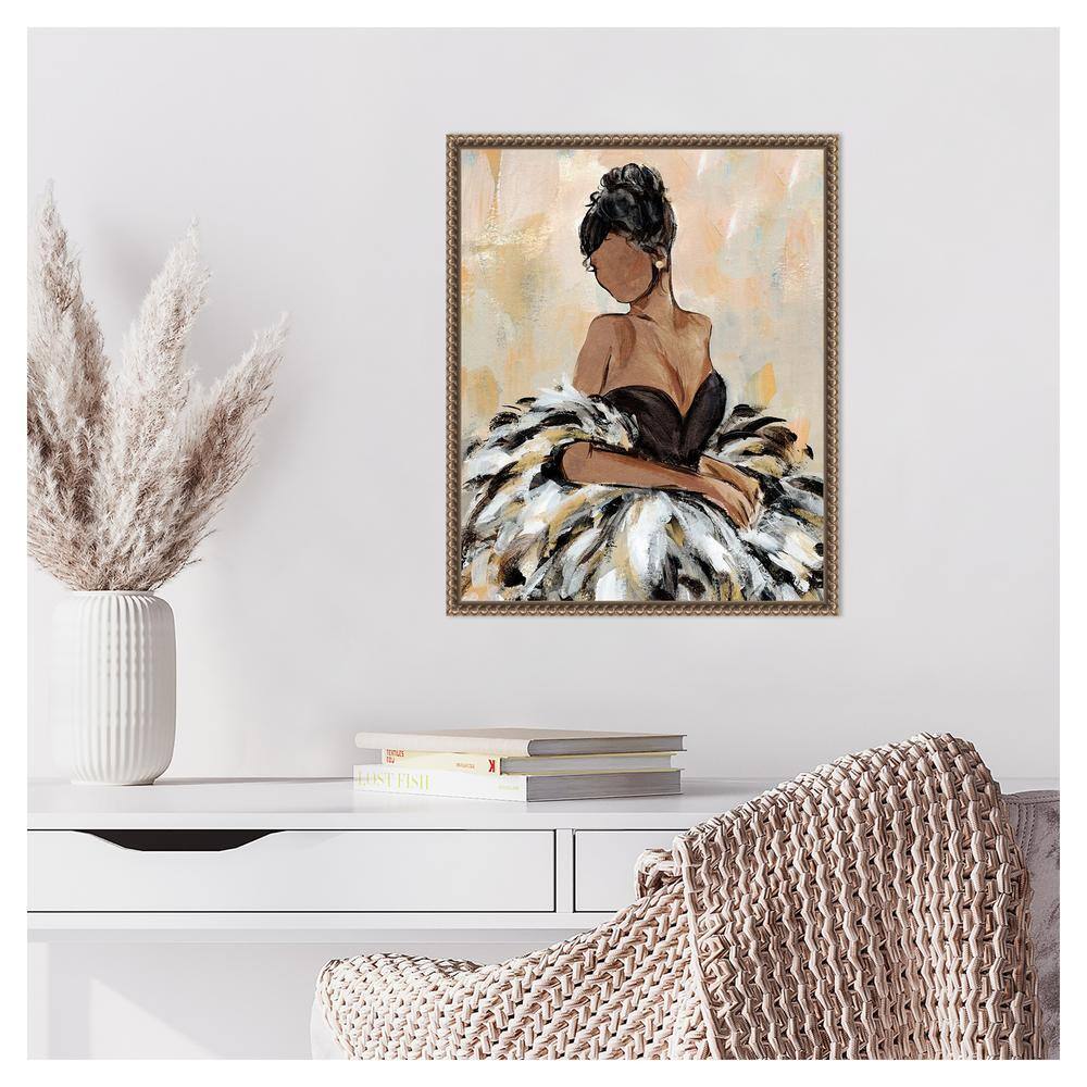 Elegant Black Dress with Feathers Framed Canvas Wall Art 16"x20"