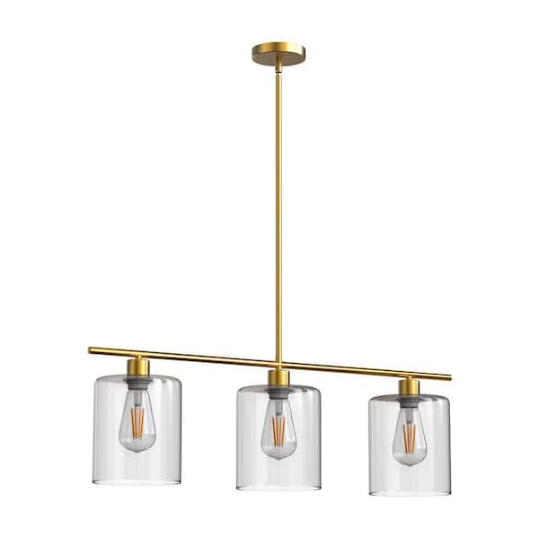 31.5 in. 3-Light Brass Pendant Light with Clear Glass Shades for Kitchen Dining Room or Island Light Bulbs Not Included