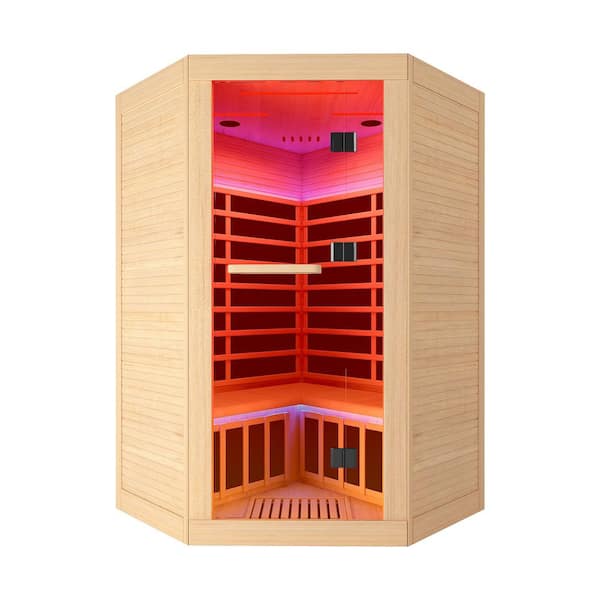 2-Person Indoor Corner Infrared Sauna Room with Eastern Canadian Hemlock, Bluetooth Speakers, Colorful Lighting