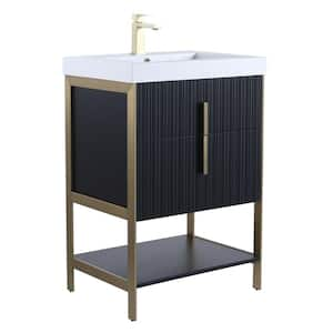 24 in. W x 18 in. D x 33.5 in. H Bath Vanity in Black Matte with Gel Coated Thick top in White With Satin Brass Hardware