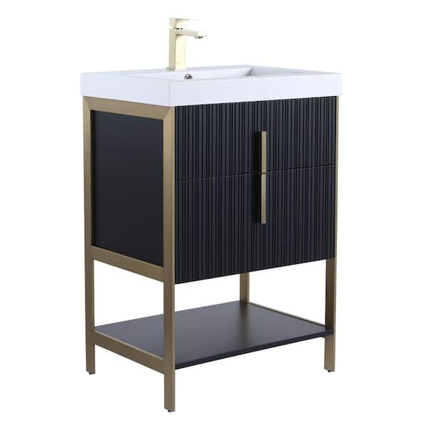 FINE FIXTURES 24 in. W x 18 in. D x 33.5 in. H Bath Vanity in Black Matte with Gel Coated Ceramic Top with Satin Brass Hardware