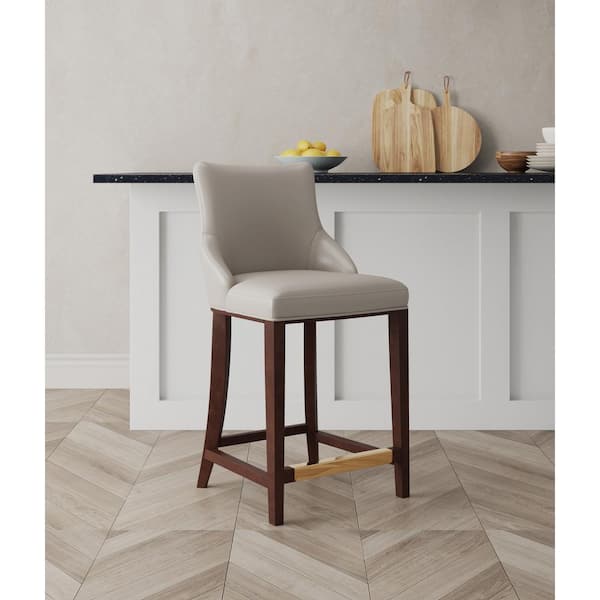 Manhattan Comfort Shubert 25.98 in. Light Grey Beech Wood Counter Stool with Faux Leather Upholstered Seat