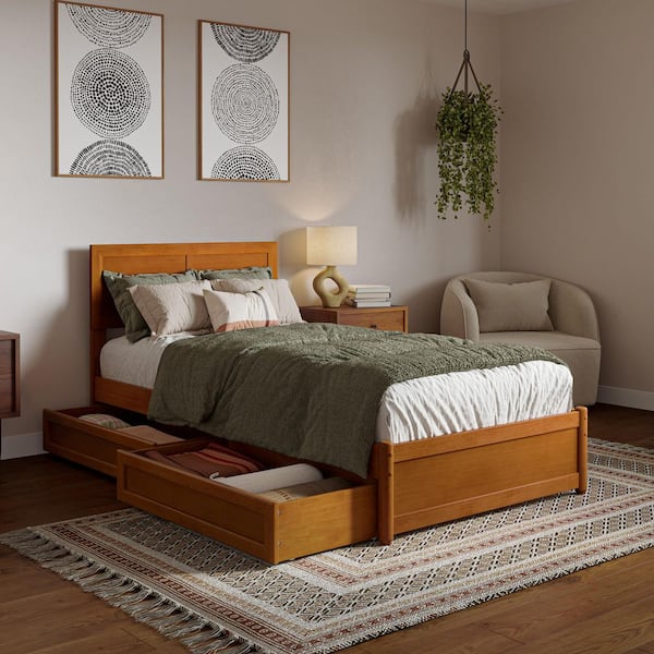 AFI Lylah Light Toffee Natural Bronze Solid Wood Frame Twin XL Platform Bed with Panel Footboard and Storage Drawers
