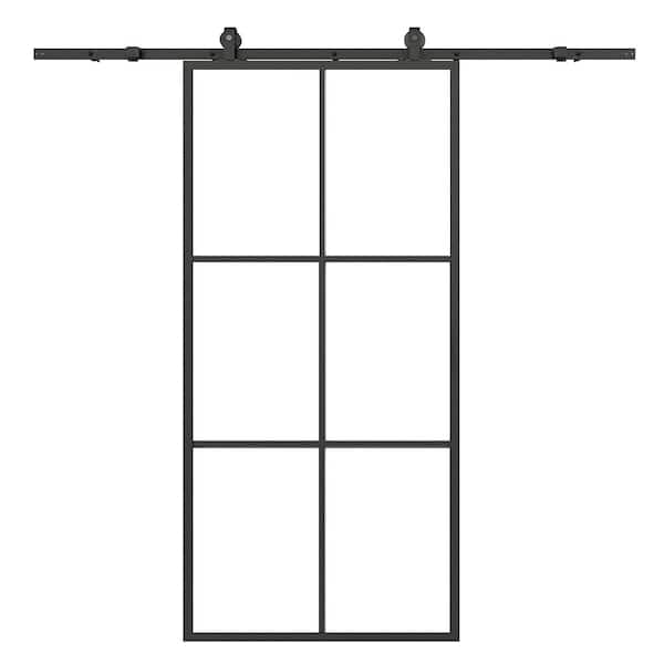 CALHOME 36 in. x 84 in. 6 Lite Clear Glass Black Aluminum Frame Interior Sliding Barn Door with Hardware Kit