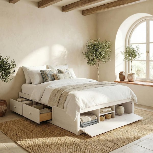 White Wood Frame Queen Size Platform Bed with Lift-Up Storage and 4 Drawers