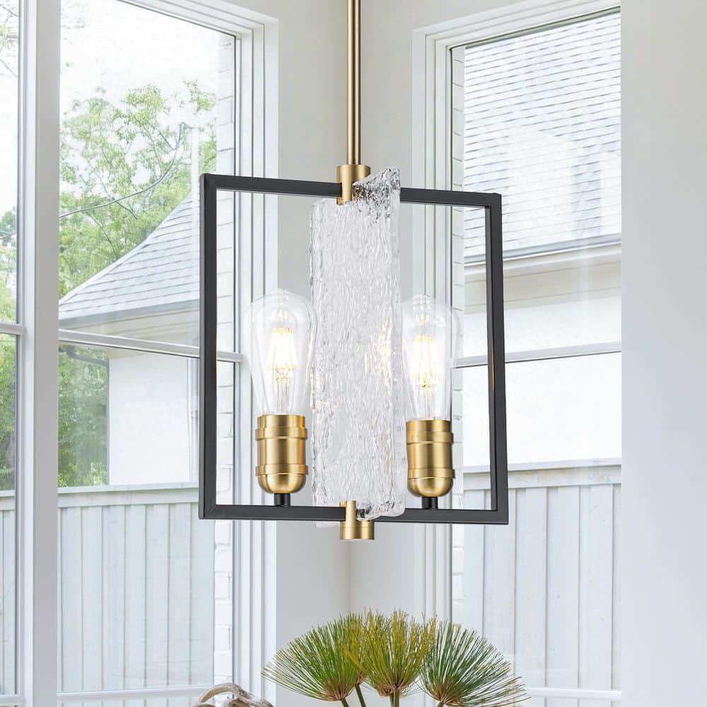 11 in. 2-Light Industrial Matte Black Square Frame Pendant Light Textured Glass Chandelier price history on PriceWatchPro