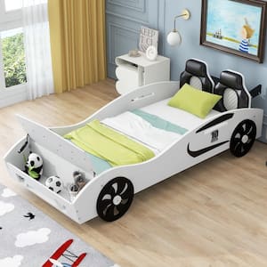 White Twin Size Race Car-Shaped Platform Bed with Car Seat Shaped Backrest, Flip-Top Storage, Black Wheels, Bedrails