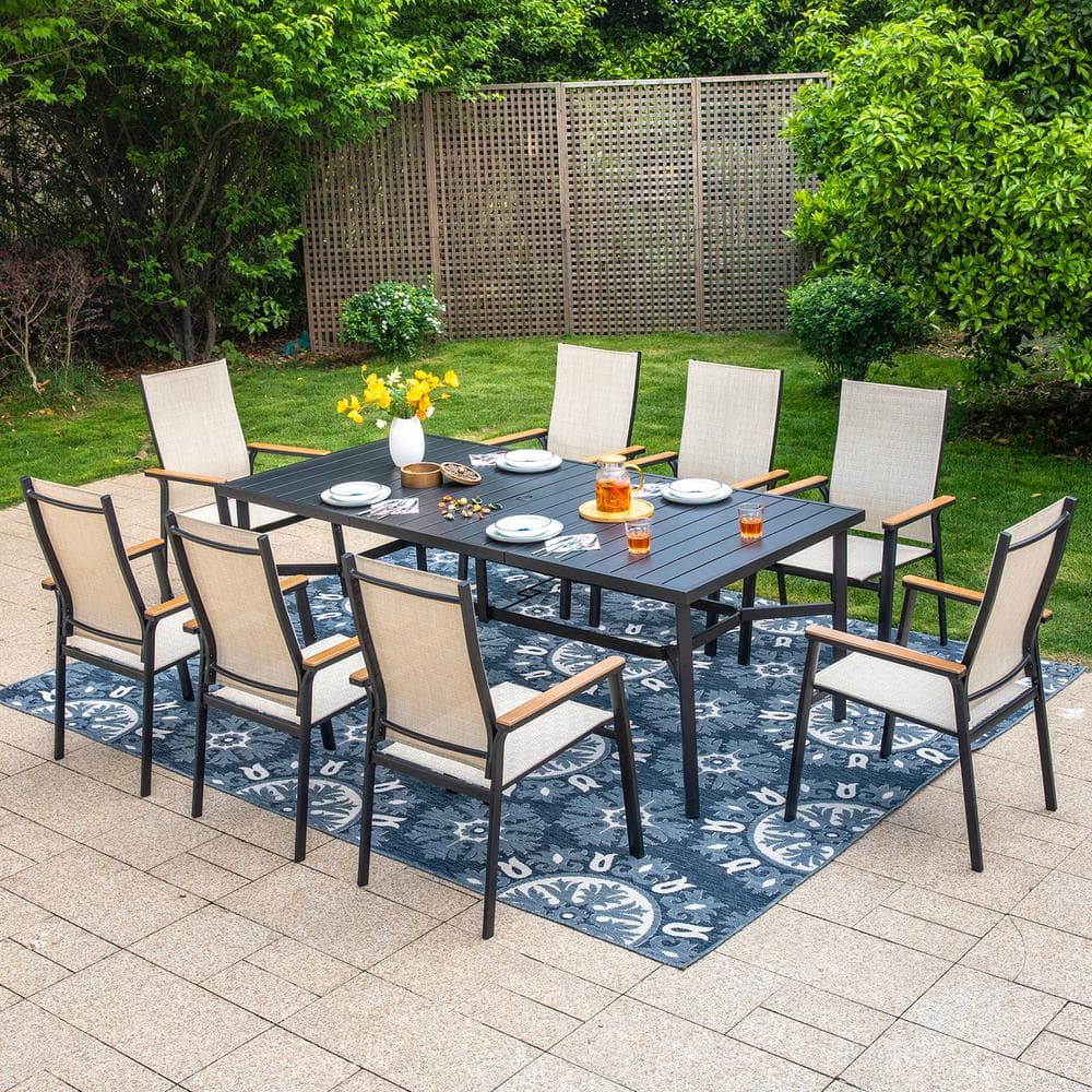 Black 9-Piece Metal Outdoor Patio Dining Set with Slat Rectangle Table and Stackable Aluminum Chairs price history on PriceWatchPro