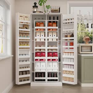 White Wood 31.5 in. W Food Pantry Cabinet Kitchen Buffet Bar Storage Rack, With Double Doors, Rotating Storage Racks