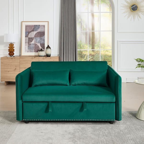 Yvonne Modern 55 in. Green Velvet Upholstery Twin Size Sofa Bed with Pull-Out Couch, Side Pockets, 2 Pillows