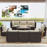 9-Piece Brown Wicker Patio Conversation Set Deep Sectional Seating Set with Beige Cushions and Fire Pit Table