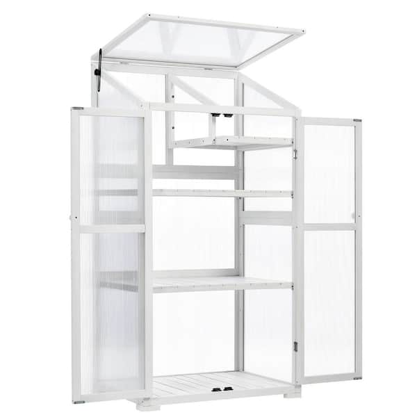 Unbranded 31.5 in. W x 22.4 in. D x 62 in. H White Wood Greenhouse Balcony Portable Cold Frame with Wheels and Adjustable Shelves