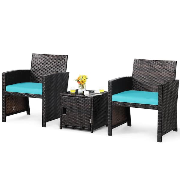 Costway 3-Piece Patio Wicker Furniture Set Storage Table with Protect Cover Turquoise