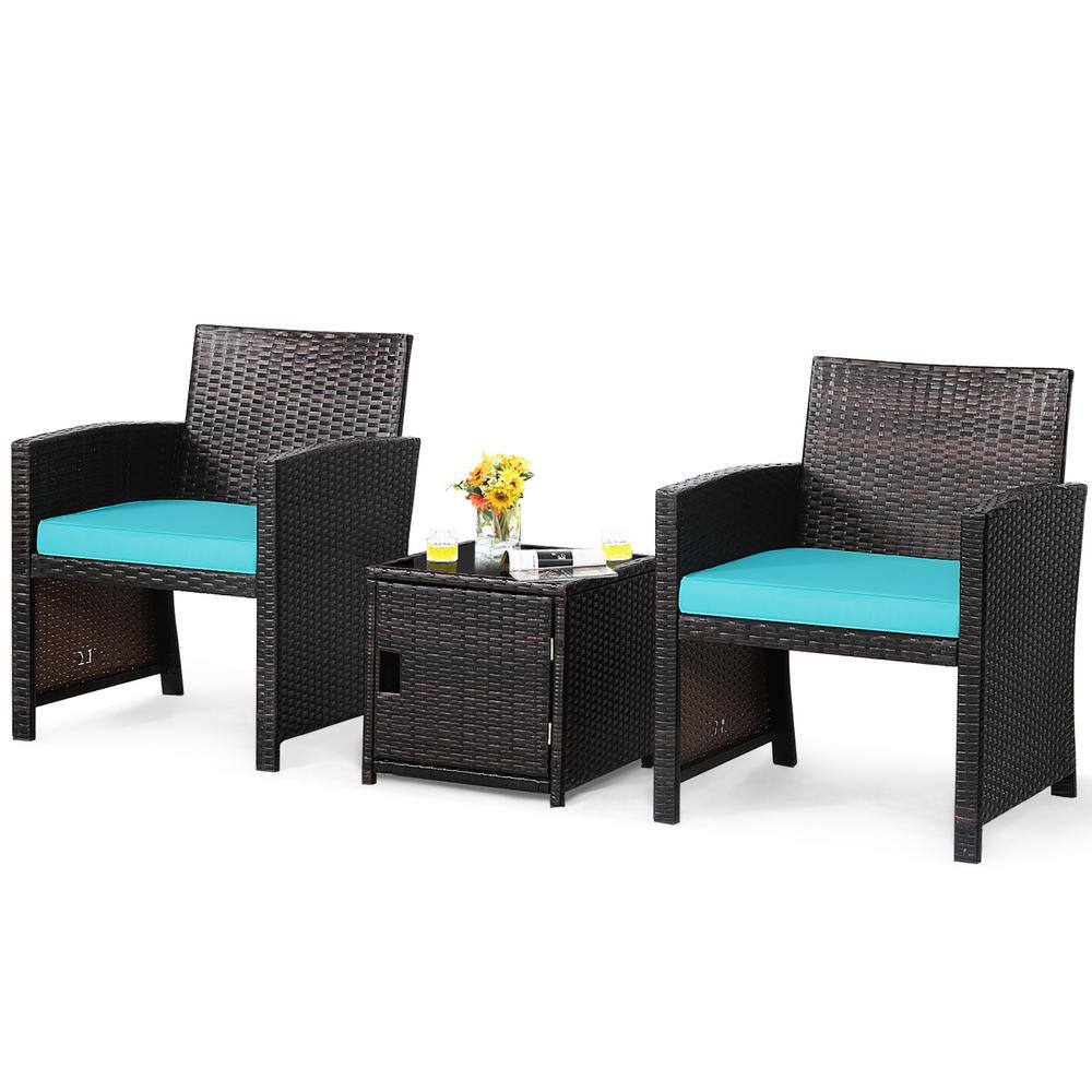 Costway 3Piece Patio Wicker Furniture Set Storage Table with Protect Cover Turquoise HW69444TU