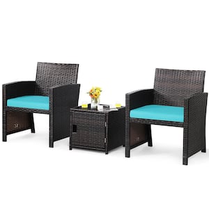 3-Piece Patio Wicker Furniture Set Storage Table with Protect Cover Turquoise