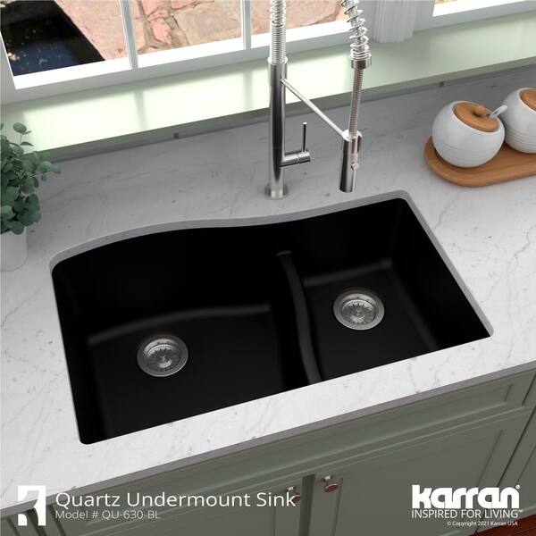 Karran Undermount Quartz Composite 32 In 60 40 Double Bowl Kitchen Sink In Black Qu 630 Bl The Home Depot