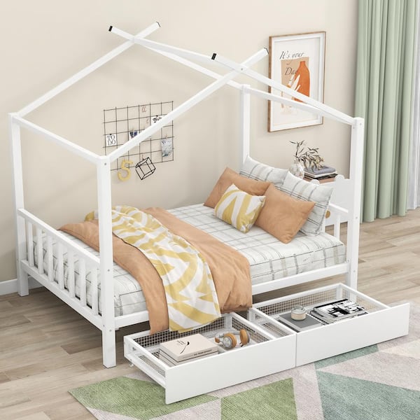 Polibi White Metal Frame Full Size House Platform Bed with 2-Drawers, Headboard and Footboard, Roof Design