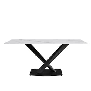 70.87 in. Bottom Radius Rectangular White Sintered Stone Dining Table with Black Pedestal Legs (Seats 6)