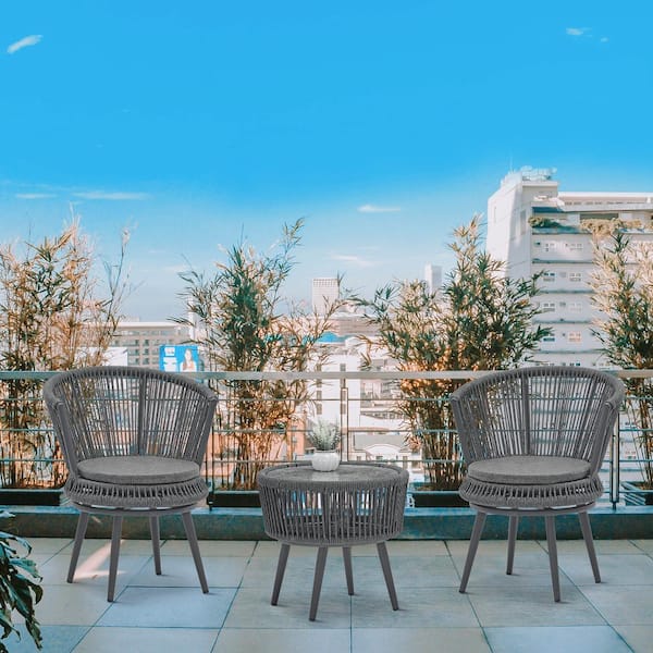 Unbranded 3-Piece Wicker Modern Rattan Patio Conversation Coffee Chair Table Set in Dark Gray