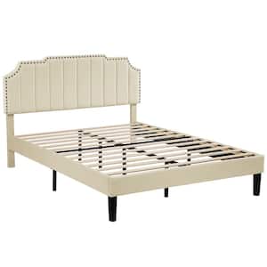 Upholstered Bed Beige Metal plus Wood Frame Full Platform Bed with Tufted Adjustable Headboard/Mattress Foundation