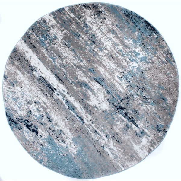 Wynn Blue 8 ft. Round Distressed Modern Abstract Watercolor Area Rug