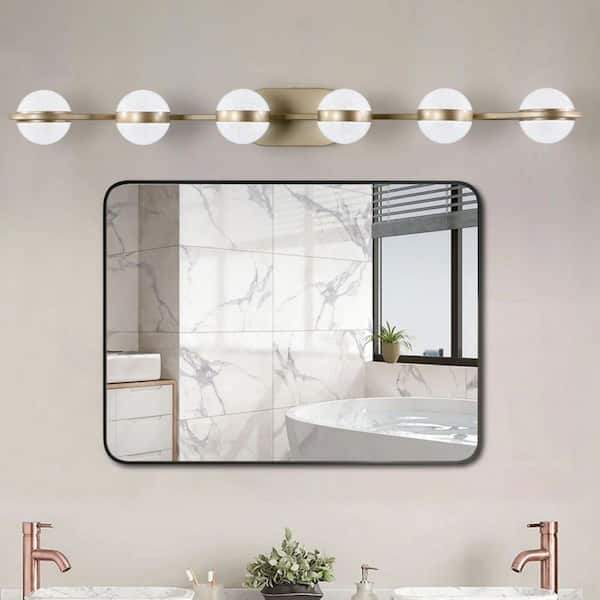 35 in. Modern 6 LED Bulbs Gold Vanity Light Bar with Globe Crystal Sand Acrylic Shades for Bathroom