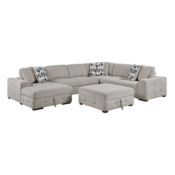 Laconia 143 in. Round Arm 5-Piece Sectional Sofa with Left Chaise and Ottoman in Taupe