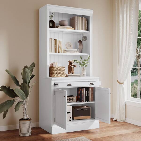 Unbranded 83.4 in. Tall Wood Bookshelf with LED Lighting, Storage Bookcase with 2-Doors and 1-Drawer, Open Shelves, White