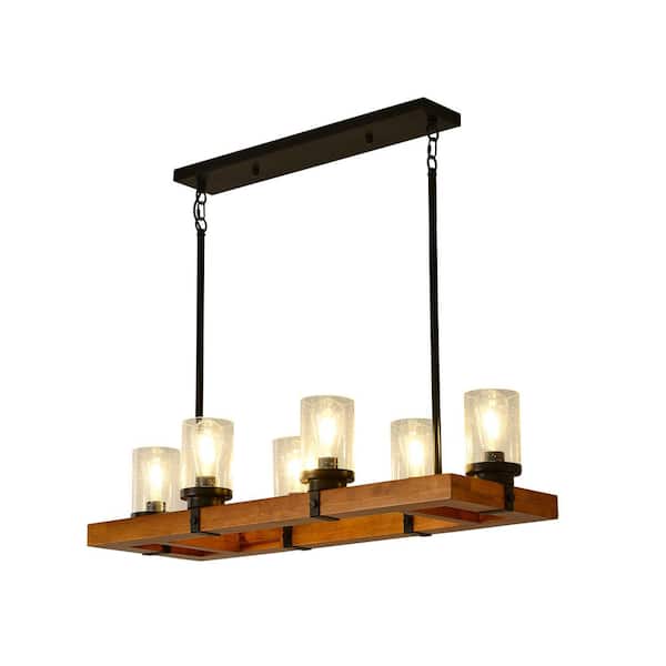 6-Light Rectangle Chandelier Farmhouse Rustic Pendant Light Fixture with Seeded Glass Shades Wood Hemp Rope Chandelier