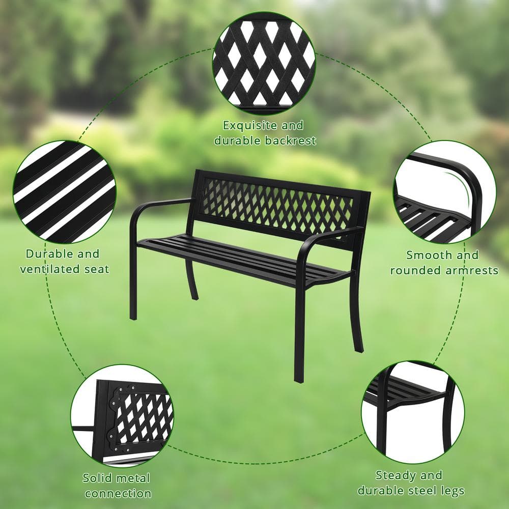 Black Iron 47-Inch Outdoor Garden Bench with PVC Backrest