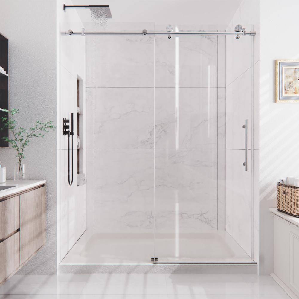 "50"" to 54"" W x 74"" H Frameless Single Sliding Shower Door in Brushed Nickel with Clear Glass" price history on PriceWatchPro