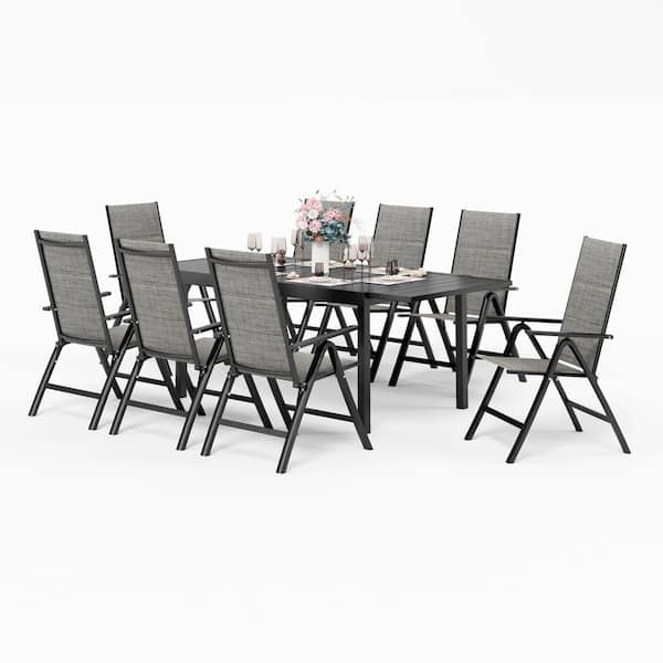PHI VILLA 9-Piece Metal Patio Outdoor Dining Set with Rectangle Extensible Table and Padded Folding Sling Chair