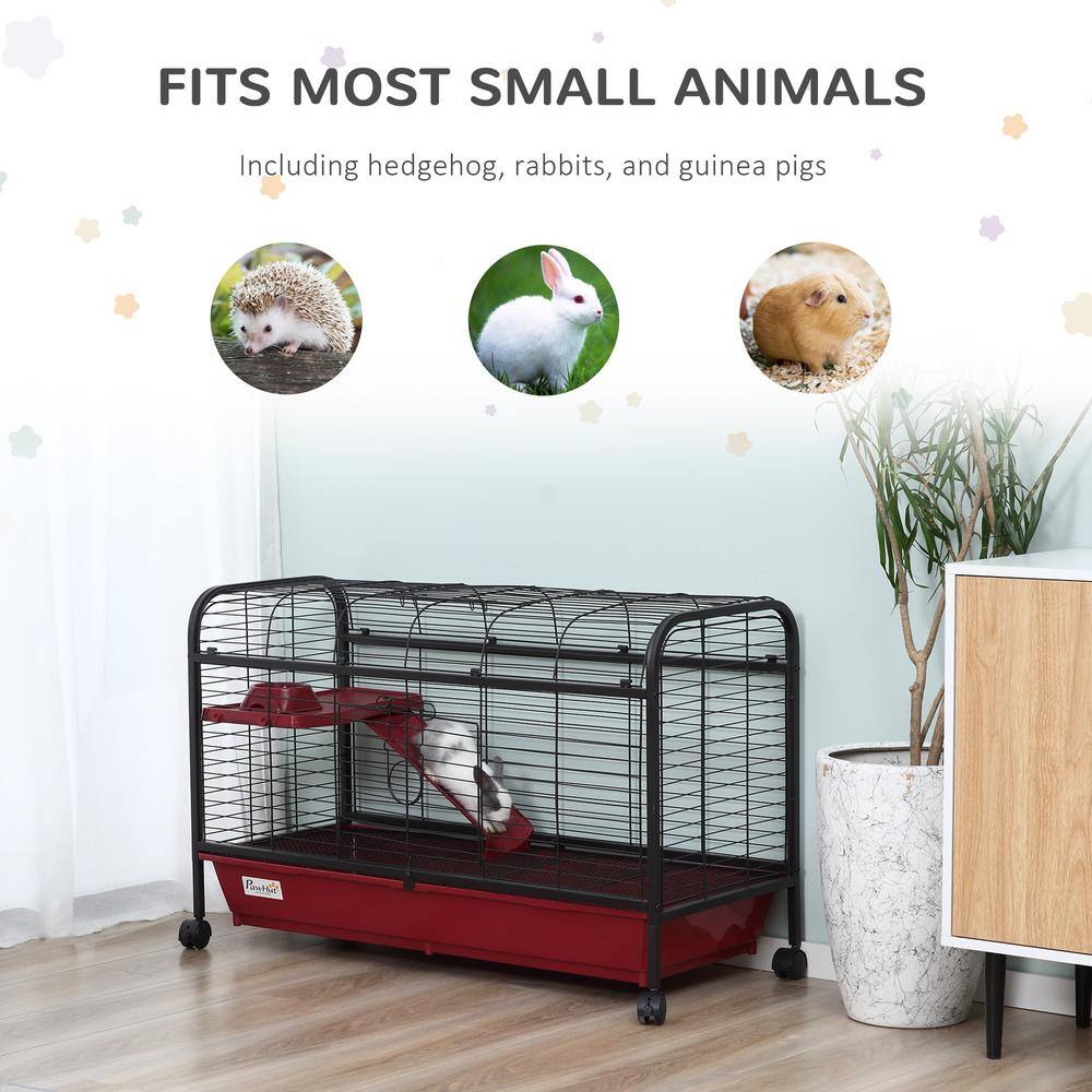 PawHut Red and Black Small Animal Cage with Ramp and Feeder