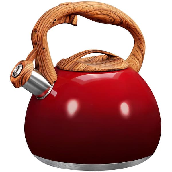 3.1 qt. 12-Cup Stainless Steel Whistling Induction Stovetop Tea Kettle with Wood Pattern Handle in Red