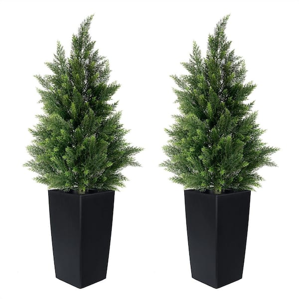 Vitalismo 5 ft. Artificial Cedar Topiary Trees with Black Square Planter Fake Cypress Tree Indoor Outdoor Garden Decor (Set of 2)