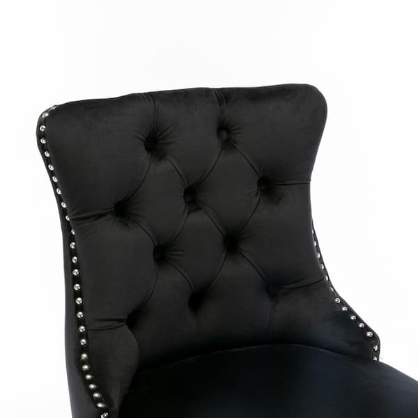 26 in. Black Contemporary Velvet Barstools with Button Tufted Back, Wooden Legs and Chrome Nailhead Trim (Set of 2)
