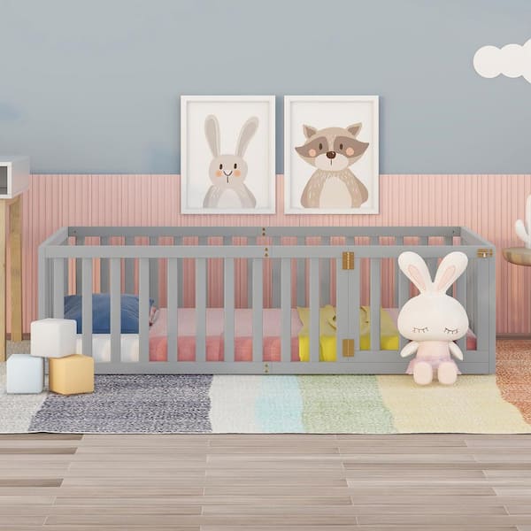 ANBAZAR Gray Twin Size Montessori Bed with Fence and Door, Toddler Floor Bed Frane Twin Size, Floor Bed frame for Kids