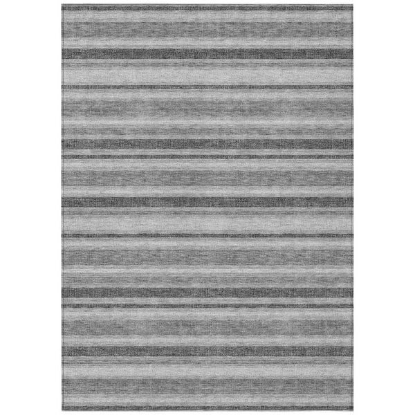 Black, Silver, Gray 9 ft. x 12 ft. Woven Striped Polyester Rectangle Indoor / Outdoor Area Rug