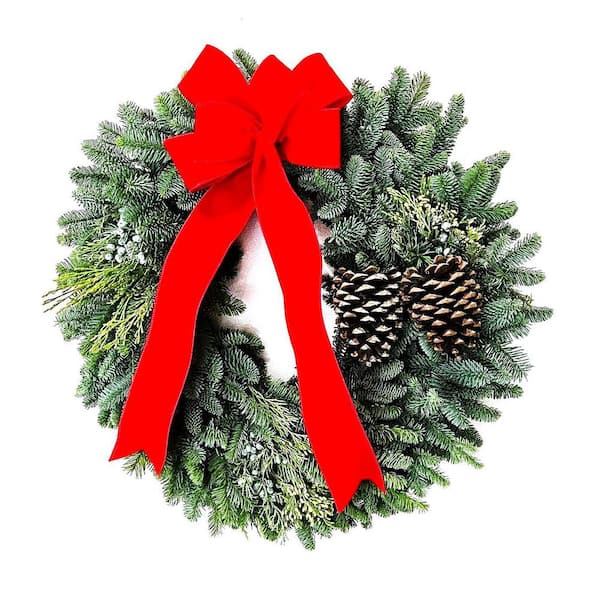 Christmas 24 in. Wreath with Fresh Noble And Mixed Evergreens with Pinecones and Bright Red Bow