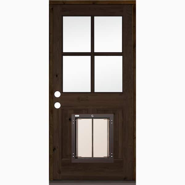 Krosswood Doors 36 in. x 80 in. Right-Hand 4-Lite Clear Glass Provincial Stained Wood Prehung Door with Large Dog Door