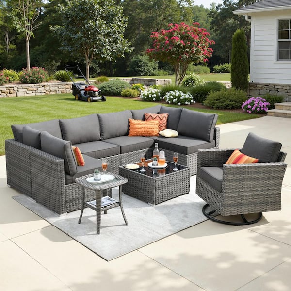 Daffodil F Gray 9-Piece Wicker Outdoor Patio Conversation Sectional Set with a Swivel Rocking Chair and Black Cushions
