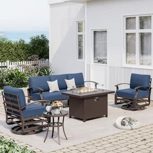 5-Piece Aluminum Patio Conversation Set with armrest, Firepit Table, Swivel Rocking Chairs and Navy-Blue Cushions