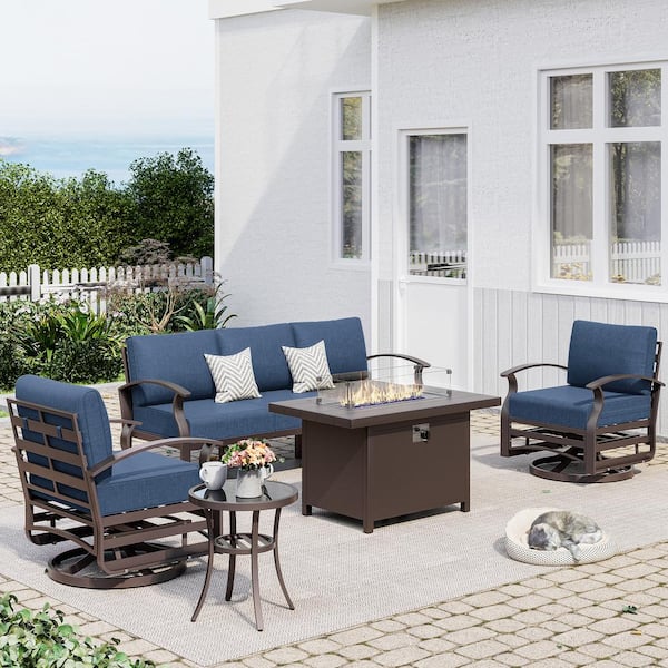 Halmuz 5-Piece Aluminum Patio Conversation Set with armrest, Firepit Table, Swivel Rocking Chairs and Navy-Blue Cushions