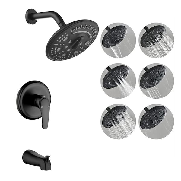 UKISHIRO One-handle 1.8 GPM 6-Spray Shower Head and Tub Faucet with Pop-up Diverter in Matte Black (Valve Included)