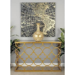 49 in. Gold Extra Large Rectangle Metal Quatrefoil Design Geometric Console Table with Mirrored Glass Top